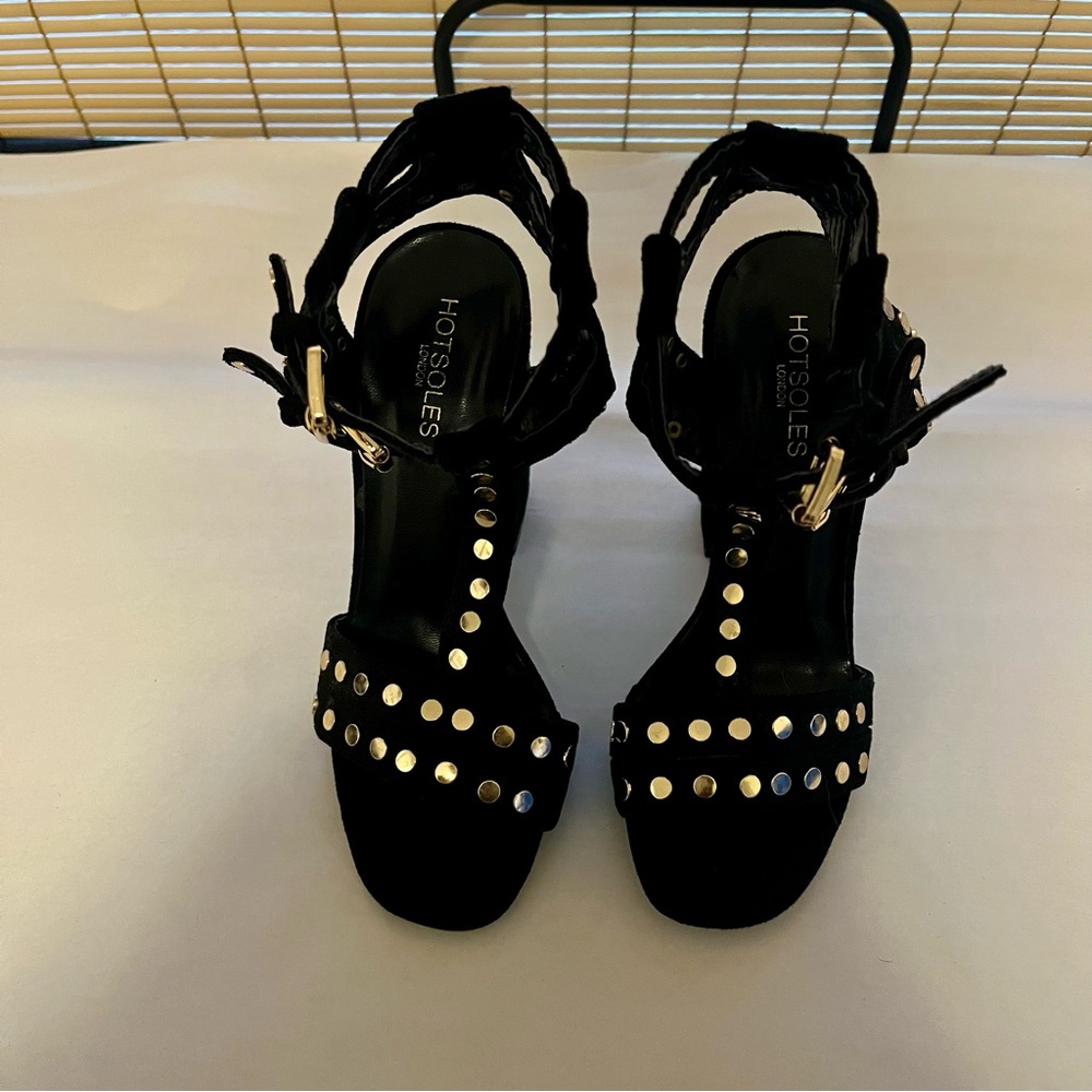Hotsoles London Chelsea Black Suede Studded Double Strap Block Heels